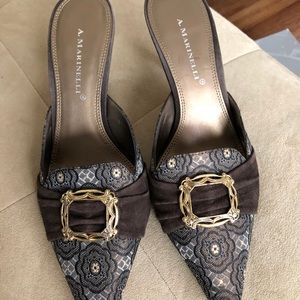 Kitten heel slip-on with fabric and buckle detail